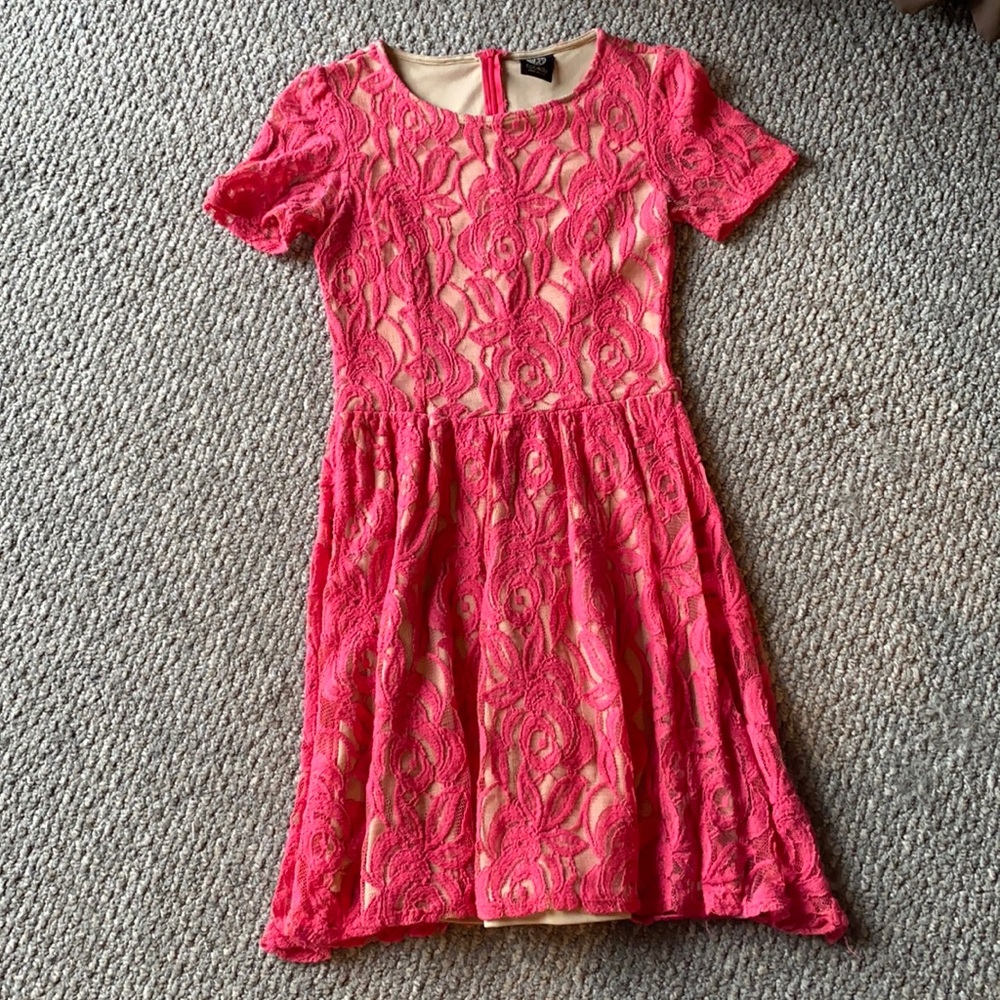 Bright pink lace dress with nude underlay